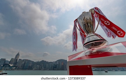 Hong Kong, China - April 3rd 2019. The HSBC World Rugby Sevens Series Trophy Sit In Front Of Hong Kong Skyline In Tsim Sha Tsui Promenade