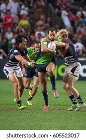 Hong Kong, China - April 9, 2016: Players Of Spain Break The Defence Of Hong Kong Players During The 2016 Hong Kong Sevens At Hong Kong Stadium.