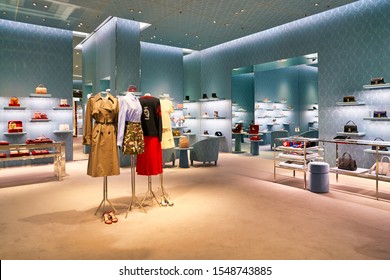 HONG KONG, CHINA - CIRCA JANUARY, 2019: Interior Shot Of Miu Miu Store In Elements Shopping Mall. Miu Miu Is An Italian High Fashion Women's Clothing And Accessory Brand.