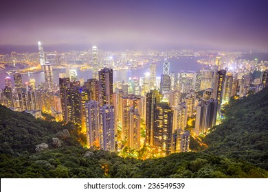 Hong Kong, China city skyline from the Peak.