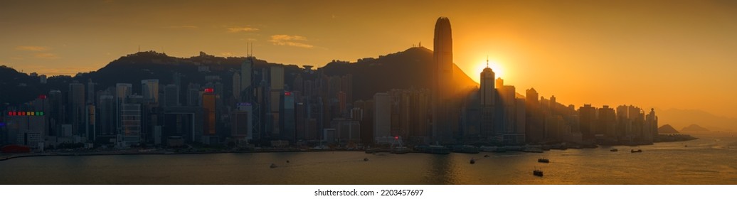 Hong Kong, China - DEC 07, 2019: Panoramic View Of Beautiful Sunset Over Hong Kong Harbour, Aerial View, Hong Kong, China 