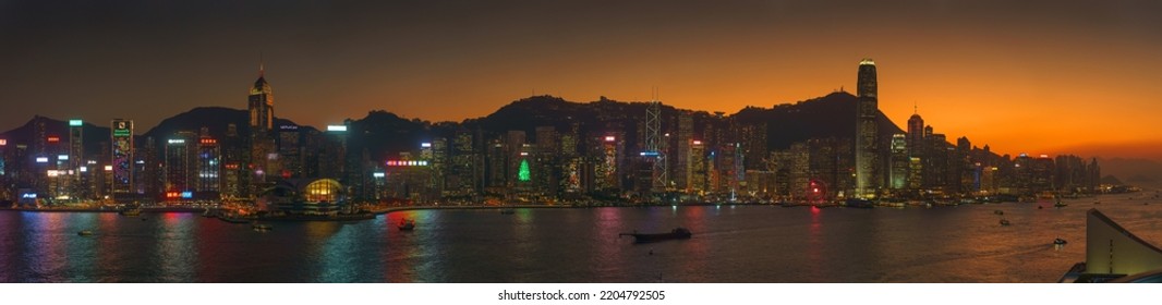 Hong Kong, China - DEC 07, 2019: Panoramic View Of Beautiful Hong Kong Harbour, Aerial View, Hong Kong, China 