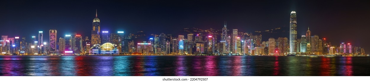 Hong Kong, China - DEC 07, 2019: Panoramic View Of Beautiful Hong Kong Harbour, Aerial View, Hong Kong, China 