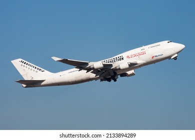 Hong Kong, China - December 1, 2013: Martinair Boeing 747-400 PH-MPS Cargo Plane Departure And Take Off At Hong Kong Chek Lap Kok Airport