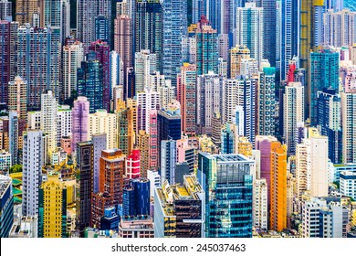 Hong Kong, China Dense Cityscape Of Office Buildings.