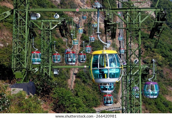 Hong Kong, China -\
January 2, 2008:  An enormous cable car system with hundreds of\
gondolas transports visitors from the lowlands to the headlands\
stations at Ocean Park