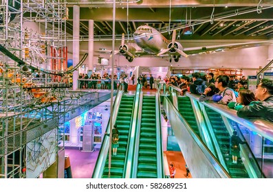 Hong Kong, China - January 20, 2016: Hong Kong Science Museum Interior View. People Watch Attractions Demonstrating Various Physical Phenomena