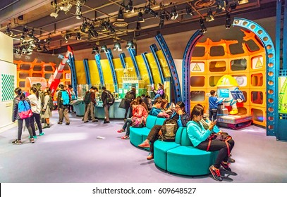 Hong Kong, China - January 20, 2016: Hong Kong Science Museum Interior View. People Watch Attractions Emulating Various Physical Phenomena.