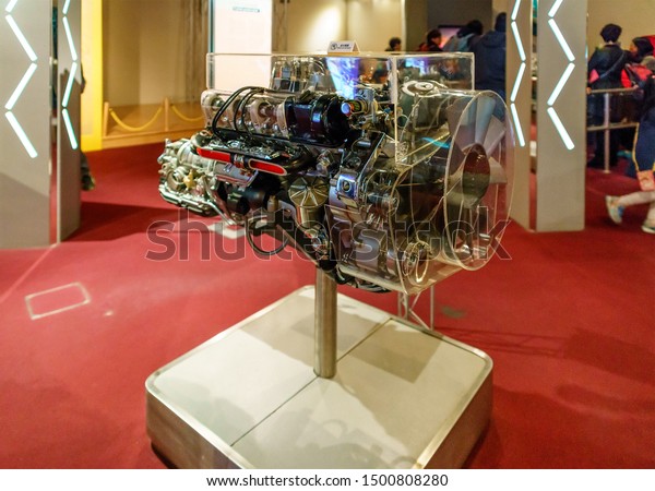 Hong Kong, China -\
January 20, 2016: Hong Kong Science Museum interior view.\
Attraction emulates physical phenomena of internal combustion\
engine work. Motor model\
exposition