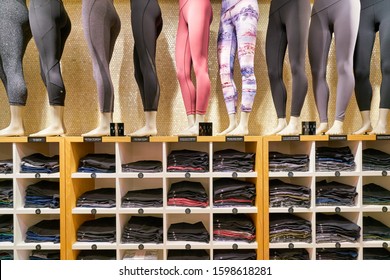 HONG KONG, CHINA - JANUARY 23, 2019: clothes on display at Lululemon store in New Town Plaza. New Town Plaza is a shopping mall in the town centre of Sha Tin, Hong Kong.