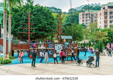 Hong Kong, China - January 30, 2016: Stanley Plaza On Hong Kong Island In Hong Kong City At Daytime. Children Playground View With Kids Playing Outdoors. Urban Life In HK