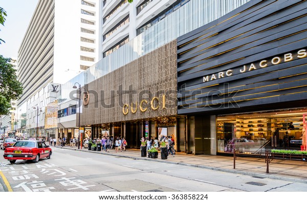 HONG KONG, CHINA - JUN 4 2015 : Canton Road, Tsim\
Sha Tsui is a luxury brands shopping street in Hong Kong. Hermes,\
Salvatore Ferragamo and Chanel are opened the flagship stores at\
Canton Road.