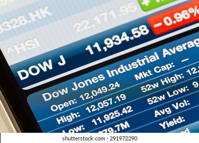 Hong Kong, China - June 25, 2011: Dow Jones Industrial Average on iPhone Stocks app