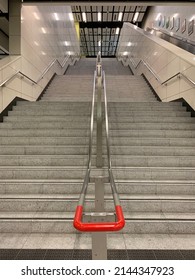 Hong Kong, China - March 4, 2022: Long Stairways Going Up To Train Platform Nam Cheong MTR Station