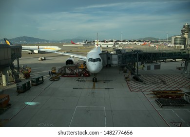 Hong Kong, China, May 30, 2018: Airplane Parked At Hong Kong International Airport.