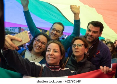 HONG KONG, CHINA - NOV 25, 2017: Participants Of The Pride Parade From Italy Are Taking Selfie.