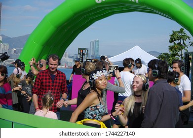 Hong Kong, China - November 27 2016: People Dancing At Clockenflap Music And Art Festival Silent Disco Stage