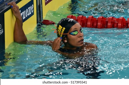 Hong Kong, China - Oct 29, 2016. Jamaican Swimmer And Olympian Alia Atkinson At The Finish. FINA Swimming World Cup, Preliminary Heats, Victoria Park Swimming Pool. 