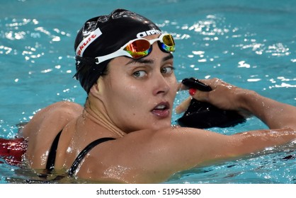 Hong Kong, China - Oct 29, 2016. Hungarian Swimmer Zsuzsanna Jakabos In The Finish. FINA Swimming World Cup, Preliminary Heats, Victoria Park Swimming Pool.