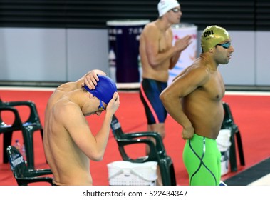 Hong Kong, China - Oct 29, 2016. Mitch LARKIN (AUS) And Omar PINZON (COL) At The Start. FINA Swimming World Cup, Preliminary Heats, Victoria Park Swimming Pool.