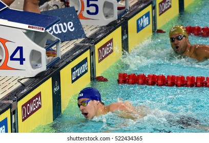 Hong Kong, China - Oct 29, 2016. Mitch LARKIN (AUS) And Omar PINZON (COL) In The Finish. FINA Swimming World Cup, Preliminary Heats, Victoria Park Swimming Pool.