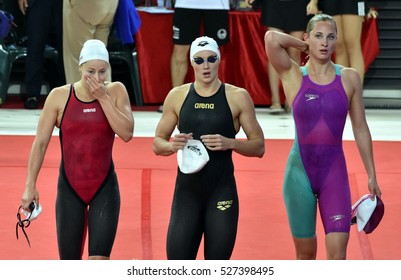 Hong Kong, China - Oct 29, 2016. SAVARD Katerine (CAN), Katinka HOSSZU (HUN) and GROVES Madeline (AUS) after the Women's Butterfly 100m Final. FINA Swimming World Cup, Victoria Park Swimming Pool.