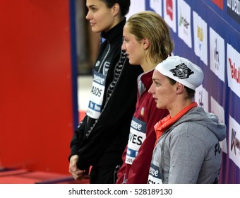Hong Kong, China - Oct 29, 2016.  Zsuzsanna JAKABOS (HUN), Madeline GROVES (AUS), Katinka HOSSZU (HUN) at the Victory Ceremony of Women's Freestyle 200m. FINA Swimming World Cup.