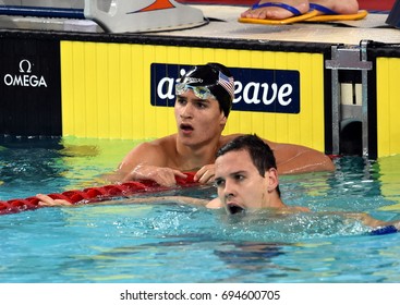 Hong Kong, China - Oct 30, 2016. BEACH Clark Gregory (USA) and australian olympian, world champion and record holder Mitch LARKIN (AUS) after the Men's Backstroke 200m Final. FINA Swimming World Cup.