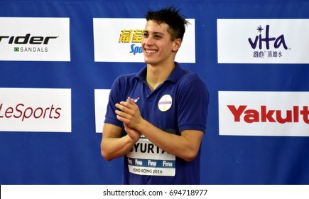 Hong Kong, China - Oct 30, 2016. Competitive swimmer Gergely GYURTA (HUN) at the Victory Ceremony of  the Men's Freestyle 1500m. FINA Swimming World Cup, Victoria Park Swimming Pool.