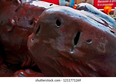 Hong Kong,  China - October 5, 2018:  Closeup Of Bullet Holes In The Bronze Lions Outside The HSBC Bank Building In Hong Kong.  These Bullet Holes Were Made By Japanese Soldiers In WW2. 