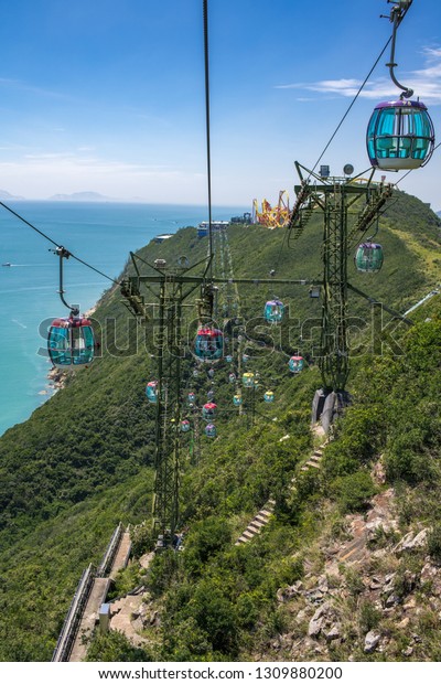 Hong Kong, China: September 14, 2018: Ocean\
Park Cable car to The Summit. The Ocean Park Cable car is a popular\
tourist attraction in Hong Kong.\
