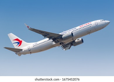 Hong Kong, China – September 20, 2019: China Eastern Airlines Boeing 737-800 airplane at Hong Kong airport (HKG) in China. Boeing is an American aircraft manufacturer headquartered in Chicago.