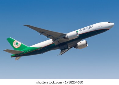 Hong Kong, China - September 20, 2019: Eva Air Cargo Boeing 777-F airplane at Hong Kong airport (HKG) in China. Boeing is an American aircraft manufacturer headquartered in Chicago.