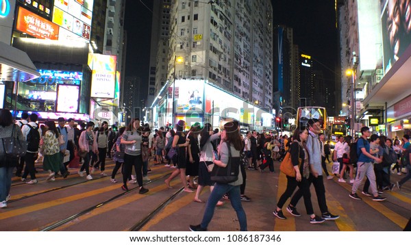 HONG\
KONG - CIRCA APRIL 2018 : Scenery of BUSY STREET around CAUSEWAY\
BAY metro station.  Place is famous for\
shopping.