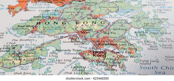 HONG KONG, HONG KONG - CIRCA MAY 2016: Detail of a map of the city with selective focus on town name