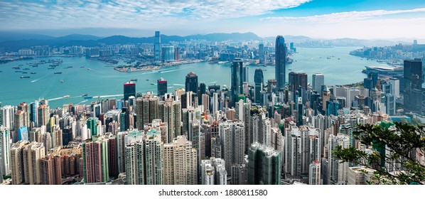 Hong Kong City - Amazing Skyline View From Victoria Peak At Sunrise, China