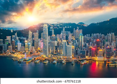 Hong Kong City Skyline The Center Of Bissiness In Asia, Hongkong Night, Hongkong Sunset, Island In China