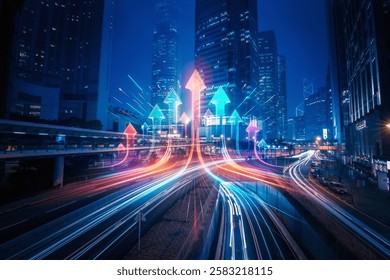 Hong Kong cityscape at night with double exposure effect. Colorful arrows pointing upwards through city lights symbolize growth and forward motion in the urban environment.