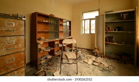 Hong Kong, December 23rd 2019. Abandoned Office Room Inside The Ghost Village Of Ma Wan On Park Island. Everything Left As Locals Deserted The Place Years Ago.