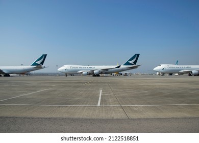 Hong Kong, Feb 12th 2022, Cargo Aircraft Fleet B747 Line Up At Taxiway Of Hong Kong International Airport