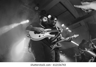 HONG KONG - February 15, 2017: American Metal Band Periphery Show, Guitarist Jake Bowen Performed With Guitarist Misha Mansoor On Stage