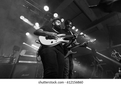 HONG KONG - February 15, 2017: American Metal Band Periphery Show, Guitarist Jake Bowen Performed With Guitarist Misha Mansoor On Stage