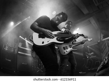 HONG KONG - February 15, 2017: American Metal Band Periphery Show, Guitarist Jake Bowen Performed With Guitarist Misha Mansoor On Stage