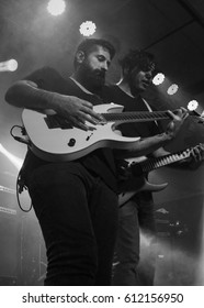 HONG KONG - February 15, 2017: American Metal Band Periphery Show, Guitarist Jake Bowen Performed With Guitarist Misha Mansoor On Stage