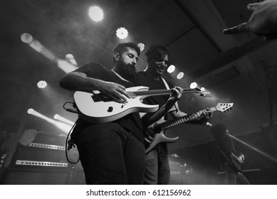 HONG KONG - February 15, 2017: American Metal Band Periphery Show, Guitarist Jake Bowen Performed With Guitarist Misha Mansoor On Stage