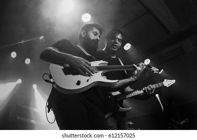 HONG KONG - February 15, 2017: American Metal Band Periphery Show, Guitarist Jake Bowen Performed With Guitarist Misha Mansoor On Stage