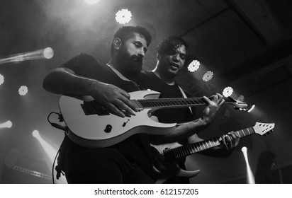 HONG KONG - February 15, 2017: American Metal Band Periphery Show, Guitarist Jake Bowen Performed With Guitarist Misha Mansoor On Stage