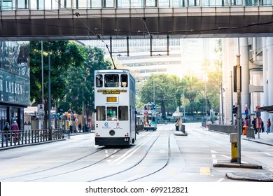 Hong Kong - February 18,2017: Hong Kong City Landscape, People Tram Bus In Daylight.