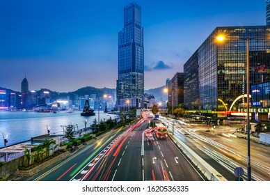 Hong Kong - February 20. 2018 : Salisbury Road Towards Tsim Sha Tsui, With The
InterContinental Hong Kong Hotel, In The Background The Skyline Of Hong Kong Island