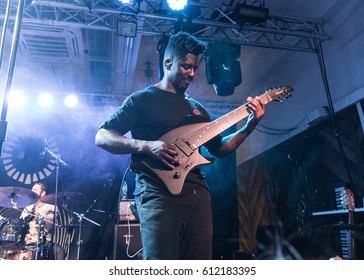 HONG KONG - February 21, 2017: American Instrumental Progressive Metal Band Animal As Leaders Show, Guitarist Tosin Abasi Performed On Stage